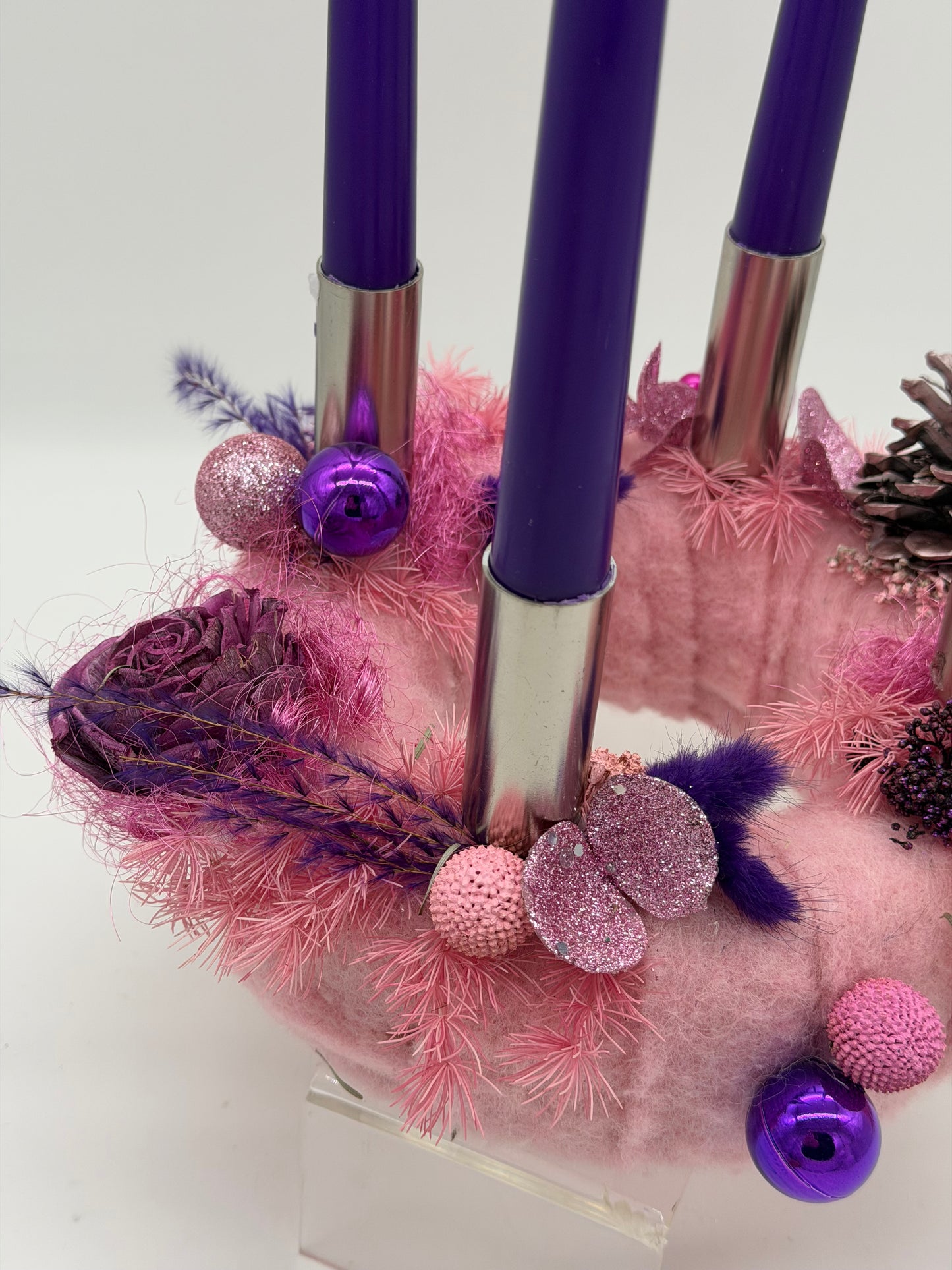 Adventskranz haltbar rosa lila Wolle 20 cm