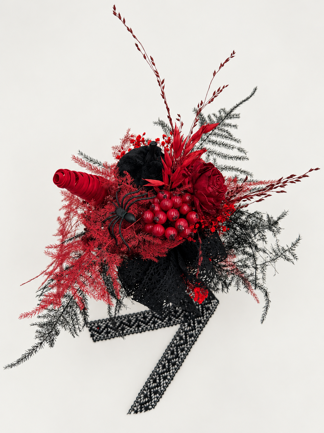 Halloween-Trockenblumenstrauß im Totenkopf-Blumentopf Rot-Schwarz mit Spinne ca. 25 cm Höhe