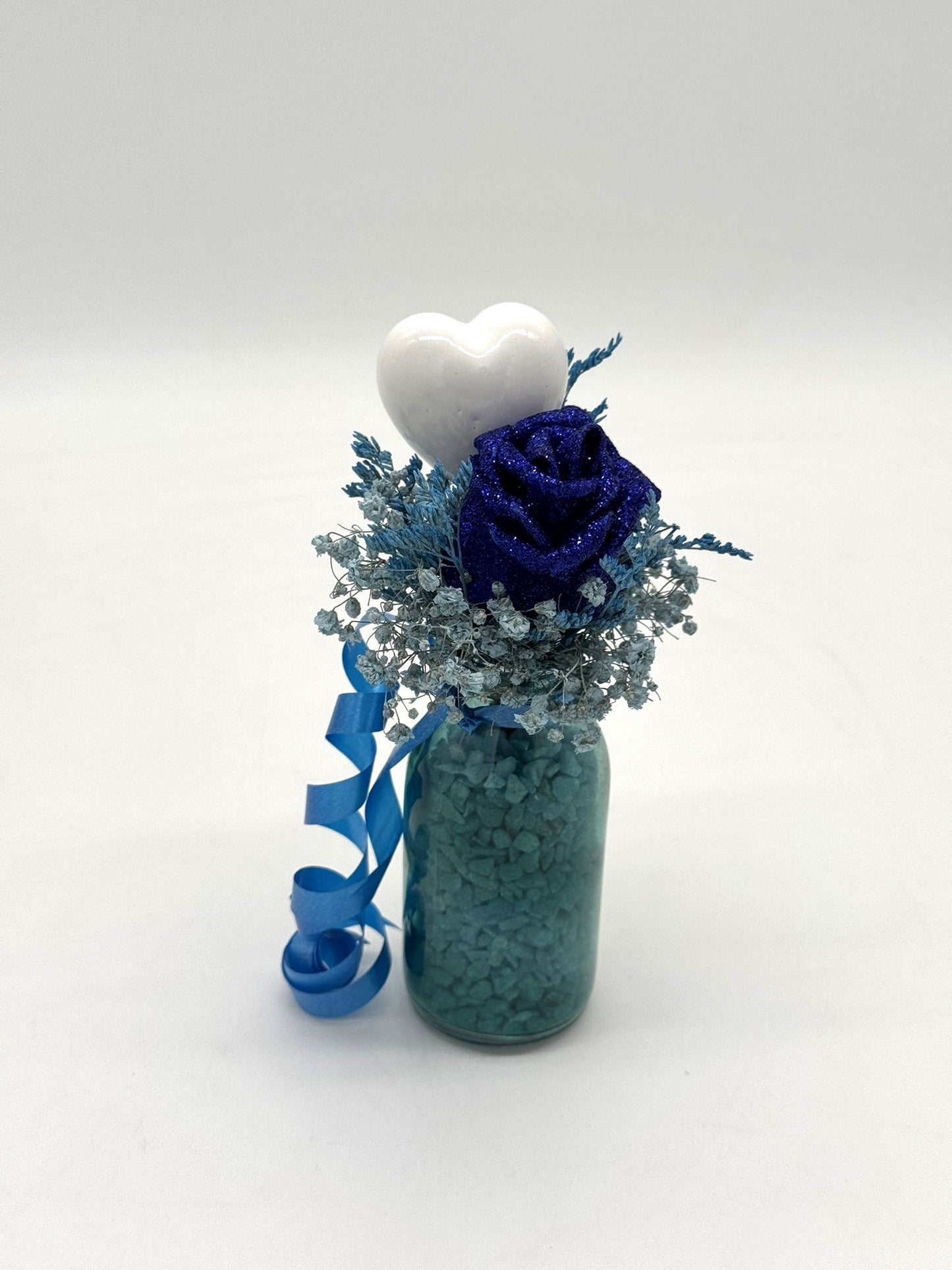 SET - Kleine Glasvase mit Deko blau