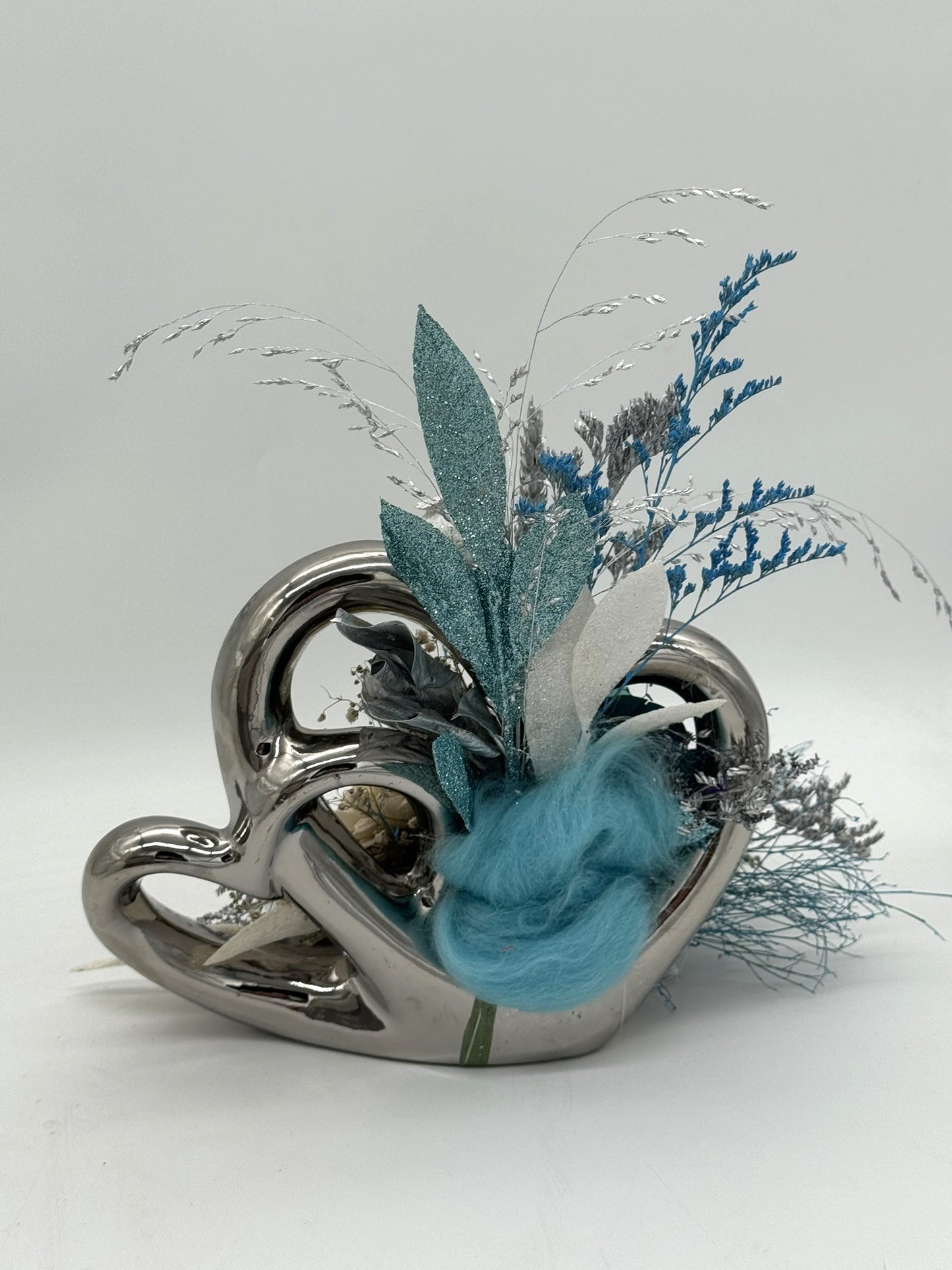 Doppeltes Herz stehend silber türkis Glitzer