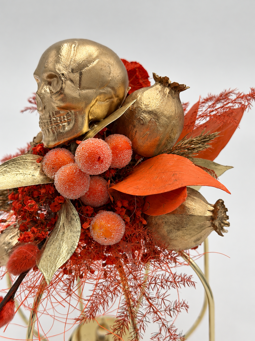Halloween Kürbis mit LED & Dekoration Totenkopf Gold Orange ca. 21 cm Höhe