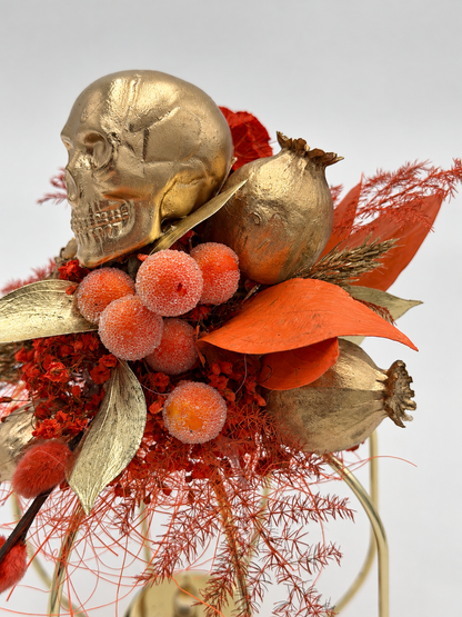 Halloween Kürbis mit LED & Dekoration Totenkopf Gold Orange ca. 21 cm Höhe
