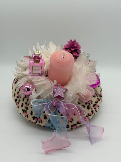 Adventskranz haltbar rosa Leomuster mit LED Kerze 30 cm