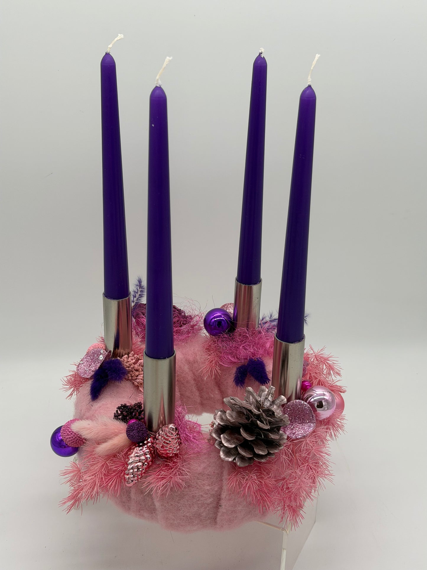 Adventskranz haltbar rosa lila Wolle 20 cm