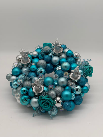 Adventskranz haltbar blau türkis Kugeln 30 cm