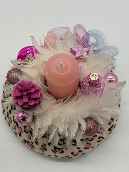 Adventskranz haltbar rosa Leomuster mit LED Kerze 30 cm