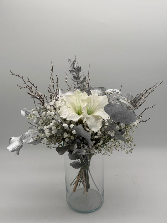 Advent Strauß Kunstblumen Trockenblumen weiß silber