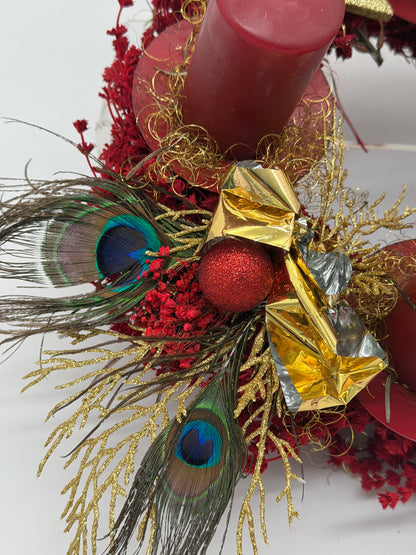 Adventskranz haltbar rot gold Pfauen 30 cm