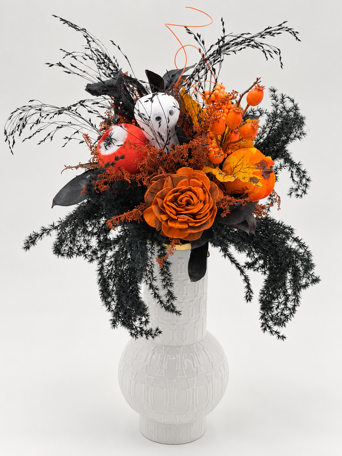 Halloween-Trockenblumenstrauß mit Geist, Kürbis & Spinne Schwarz/Orange ca. 40 cm Höhe