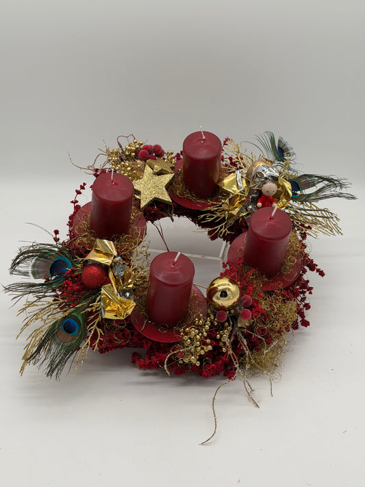 Adventskranz haltbar rot gold Pfauen 30 cm