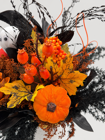 Halloween-Trockenblumenstrauß mit Geist, Kürbis & Spinne Schwarz/Orange ca. 40 cm Höhe