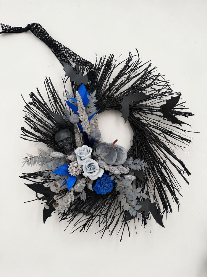Halloween-Kranz „Midnight Blue“ Schwarz, Blau & Grau mit Fledermäusen Ø 40 cm
