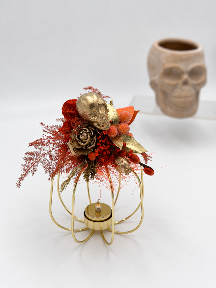 Halloween Kürbis mit LED & Dekoration Totenkopf Gold Orange ca. 21 cm Höhe