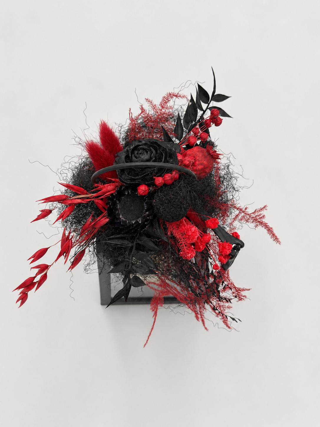 Halloween LED Laterne mit Trockenblumen & Skelett-Hand Rot/Schwarz ca. 23 cm Höhe