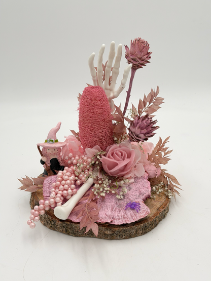 Halloween-Gesteck mit Hexe & Skeletthand Rosa/Pink ca. 23 cm Höhe