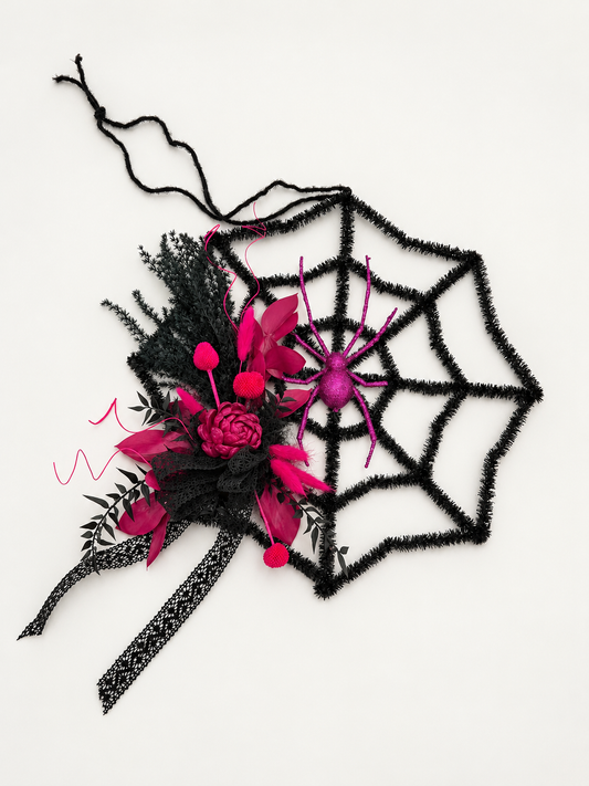 Halloween-Spinnennetz für Tür oder Wand mit Trockenblumen Schwarz & Pink mit Glitzerspinne ø 39 cm