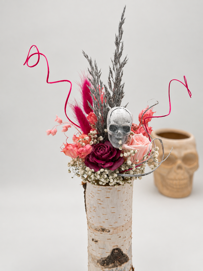 Halloween-Trockenblumenstrauß in Rosa, Bordeaux & Silber mit Totenkopf  ca. 30 cm Höhe