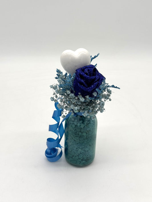 SET - Kleine Glasvase mit Deko blau